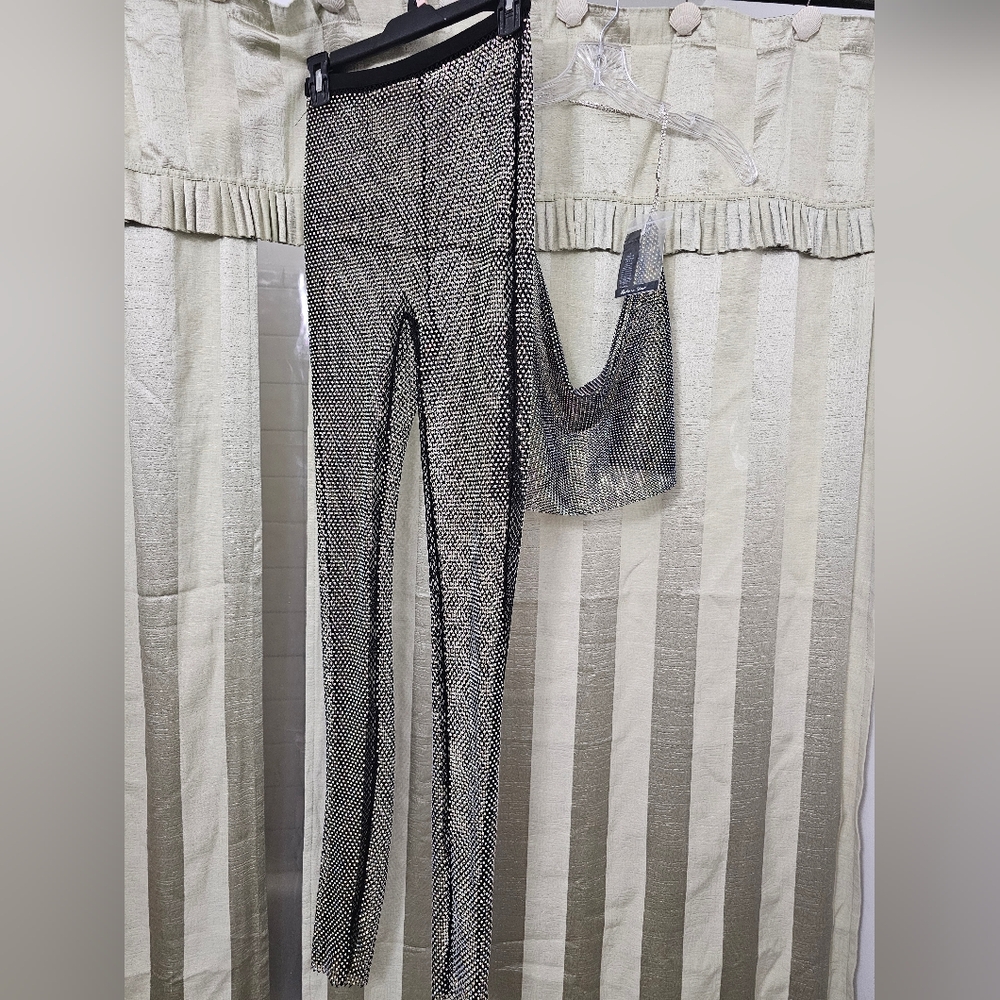 RHINESTONE HALTER TOP AND PANTS.